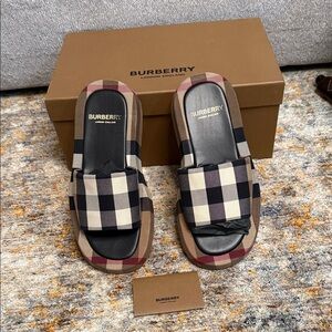 Burberry Plaid Slide Sandals in Black and Cream